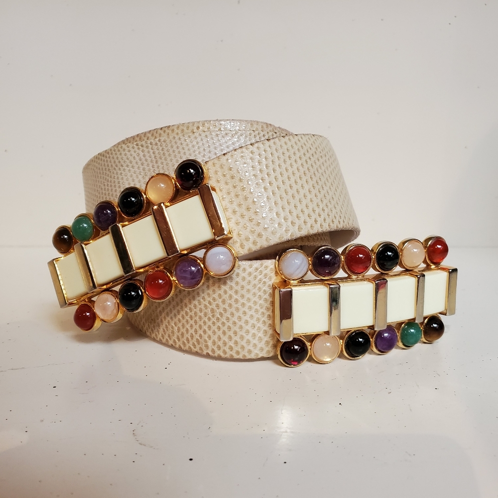 Judith Leiber Multi Color Gemstone Lizard Belt